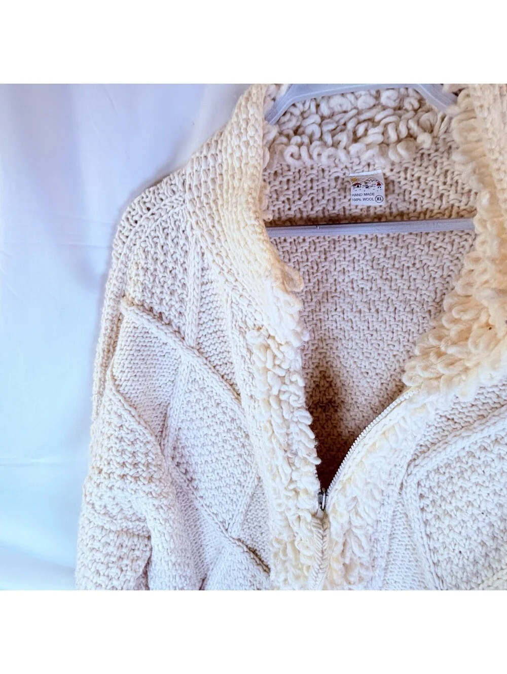 World Of Wool Vintage Cableknit Fisherman Sweater Ivory Heavy Full Zip XL